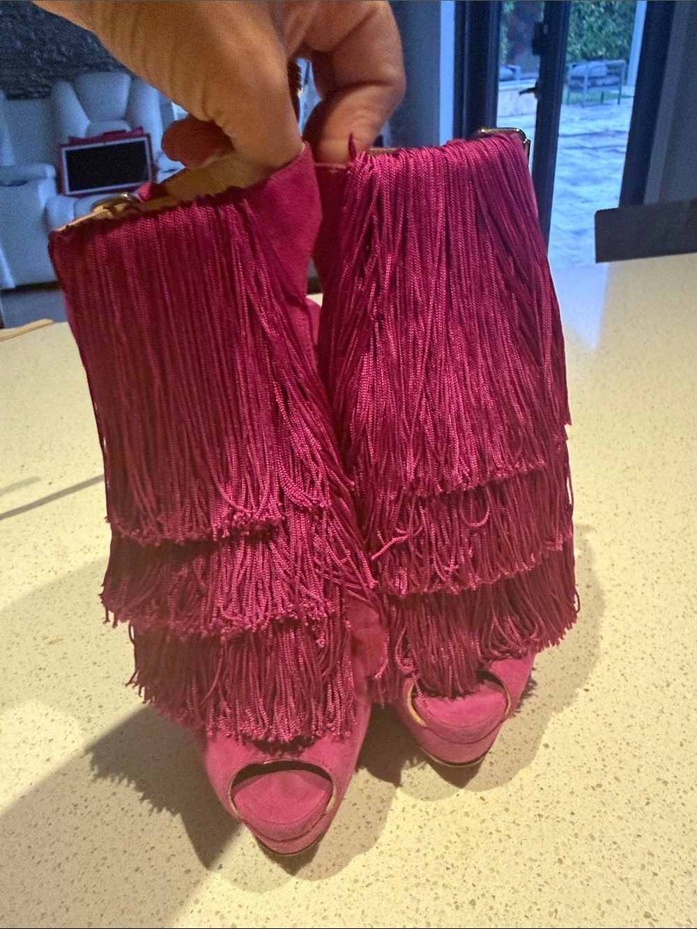 Christian Louboutin Fuchsia Fringe Peep-Toe Platform Boots